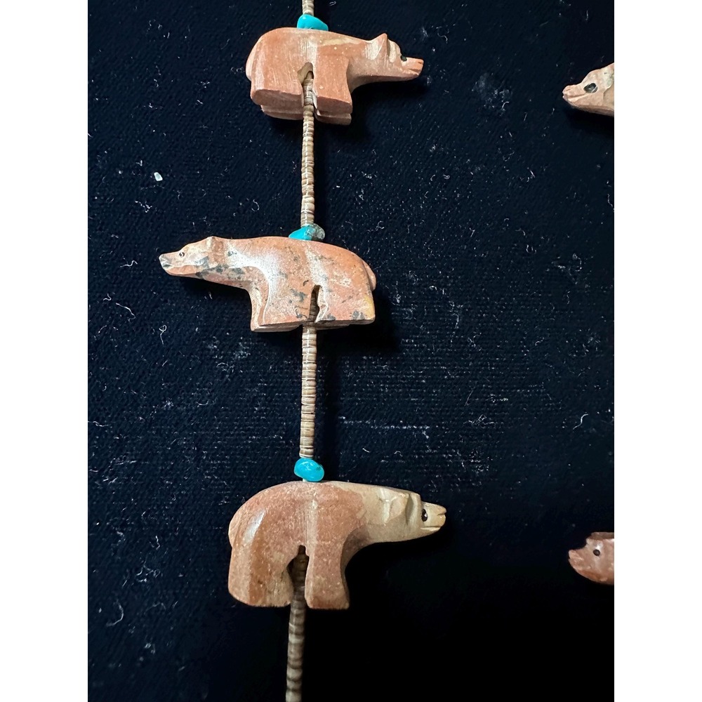 Southwestern Bear Fetish Necklace Carved Stone, Turquoise & Heishi - Picture 3 of 7